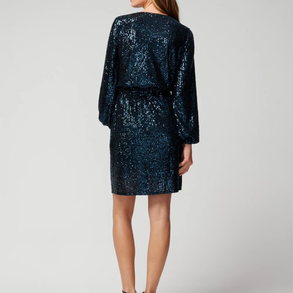 Old Hollywood Glam Blue Sequin Cocktail Party Long Sleeve Blouson Mini Dress - Picture 3 of 12